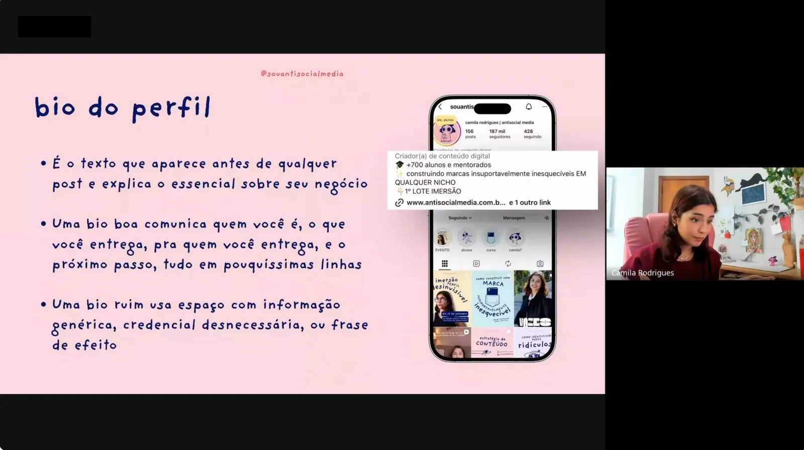 Print da aula da Imersão Perfil Desinvisível, com a Camila